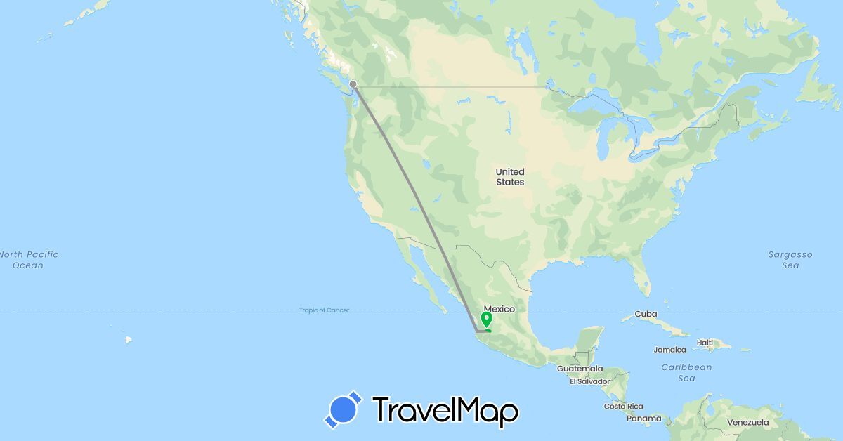 TravelMap itinerary: driving, bus, plane in Canada, Mexico (North America)